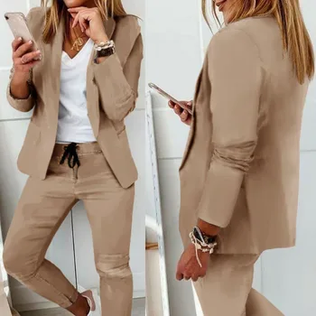 Модный женский костюм, комплекты из двух предметов, Новинка 2023 года, весенне-осеннее однотонное пальто, брюки на завязках, костюм, Женский Офисный комплект повседневной одежды