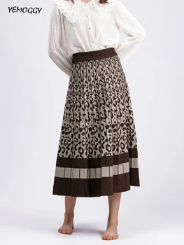 Модные осенние винтажные теплые юбки с леопардовым принтом, женские зимние Новые Контрастные трикотажные юбки для женщин, Плиссированная юбка трапециевидной формы, элегантная
