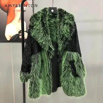 Новинка зимы 2023, Женская одежда зеленого цвета, Модное теплое Корейское длинное пальто с длинными рукавами, Верхняя куртка из искусственного меха для женской одежды