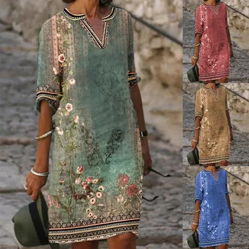 Женское городское повседневное народное платье, Летнее Прямое платье с V-образным вырезом и коротким рукавом в цветочек, Свободная талия