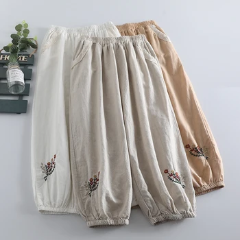 Летние Новые Милые брюки с вышивкой, Женские повседневные брюки с эластичной резинкой на талии длиной до щиколоток 823-334