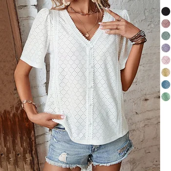 2023 Женская Летняя Новая модная белая рубашка с коротким рукавом, топ для дам, полые однотонные шикарные блузки