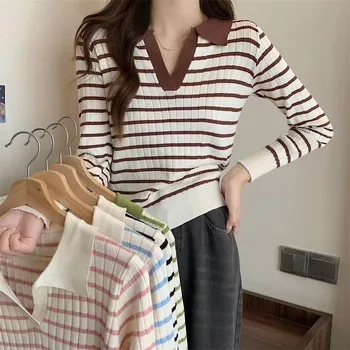 женский пуловер, универсальные свитера, Корейская нижняя рубашка, топы для молодых женщин, повседневный тонкий вязаный свитер в полоску в стиле пэчворк с v-образным вырезом