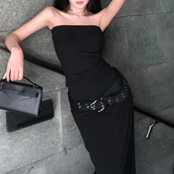 Корейские модные универсальные Черные вечерние платья, Женские летние новинки 2023, сексуальные тонкие Элегантные платья средней длины с открытыми плечами и поясом