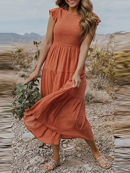 Летнее модное повседневное плиссированное женское платье трапециевидной формы 2023, Элегантное шикарное длинное платье с круглым вырезом и летящими рукавами для женщин