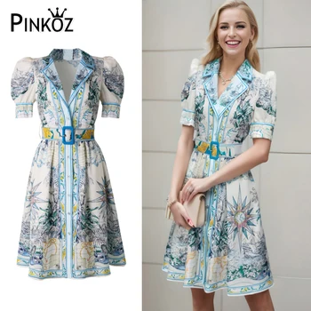 Pinkoz элегантное мини-платье синего цвета с цветочным рисунком, однобортный отложной воротник, весна-лето, новый модный жилет, торговый халат
