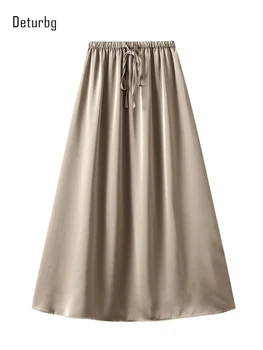 Элегантная блестящая ацетатная длинная юбка для женщин, Корейская мода, юбки трапециевидной формы с высокой талией и завязками, лето 2023 K297