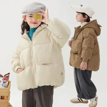 2023, Детская мода, Зимние куртки с хлопковой подкладкой, Простые Корейские однотонные Теплые пальто с капюшоном Для мальчиков и девочек, Повседневная свободная верхняя одежда