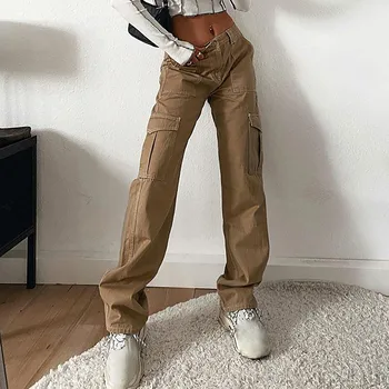 Джинсовые женские брюки-карго, свободные брюки с заниженной талией, широкие мешковатые джинсы с карманами, уличная одежда, брюки для повседневной жизни в стиле панк