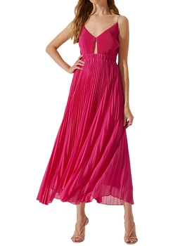 Женское плиссированное платье Макси с V-образным вырезом, длинное платье с глубоким вырезом, однотонный цветочный принт, струящееся платье-клеш, коктейльная вечеринка