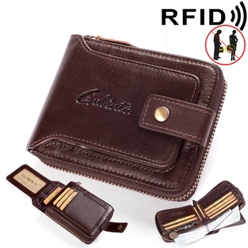 Мужской кожаный бумажник с застежкой-молнией вокруг RFID-блокирующего кошелька, двойной винтажный кошелек с несколькими держателями карт, подарок
