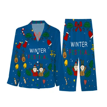 Европейский и американский рождественский весенний и осенний комплект пижам с длинными рукавами для 3D-печати на карте, изготовленный своими руками, свободные женские пижамы